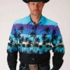 Roper 03-001-0421-0306 Mens Long Sleeve Beach Roundup Border Shirt Blue