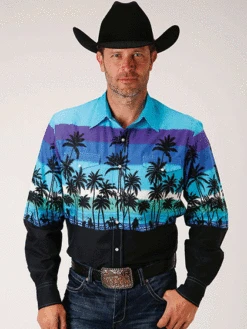 Roper 03-001-0421-0306 Mens Long Sleeve Beach Roundup Border Shirt Blue