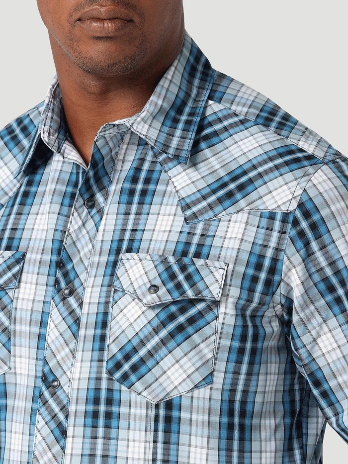 Wrangler 112317073 Mens Snap Plaid Long Sleeve Shirt Chambray Blue - Image 3