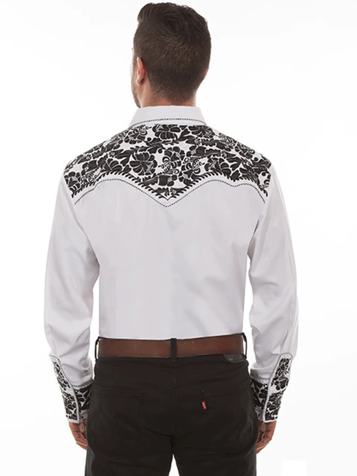Scully P-634 Mens Floral Tooled Embroidery Western Shirt White - Black - Image 2