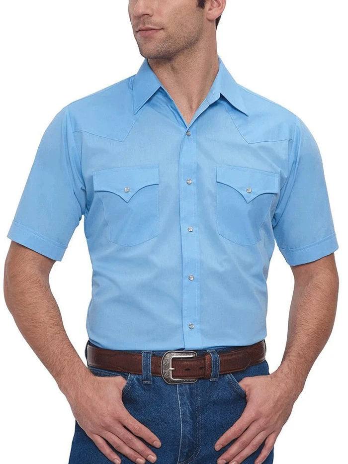 Ely Cattleman 15201605-82 Mens Short Sleeve Solid Western Shirt Light Blue