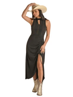 Rock & Roll Denim RRWRD0R0ZA Womens Ribbed Maxi Dress Black