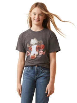 Ariat 10045457 Kids Cow Girl Short Sleev Tee Charcoal Heather