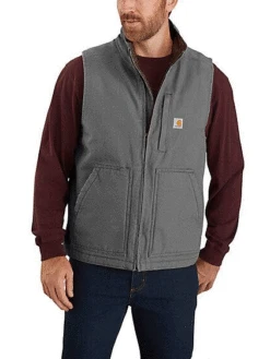 Carhartt 104277-GVL Mens Loose Fit Washed Duck Sherpa Lined Mock Neck Vest Gravel