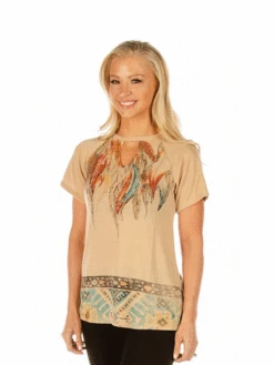 Liberty Wear 7233 Womens Adorn In Feathers Neckline Top Tan
