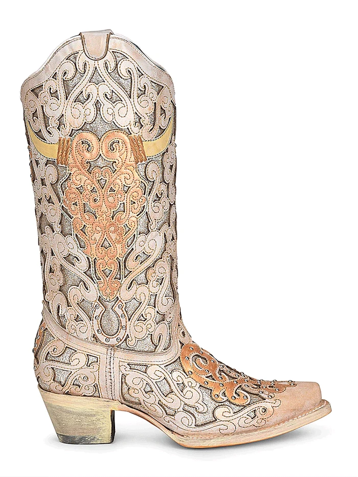 Corral A4408 Ladies Bull Skull Embroidery And Glitter Inlay Boots Tan - Image 4