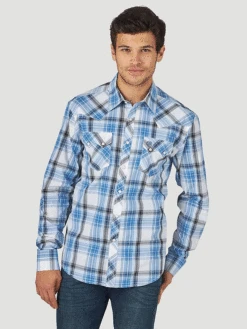 Wrangler 10MV4032B Mens Long Sleeve Sawtooth Snap Pocket Western Shirt Blue/Multi