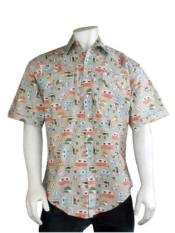 Rockmount 1646 Mens Retro Campers Print Short Sleeve Western Shirt Green