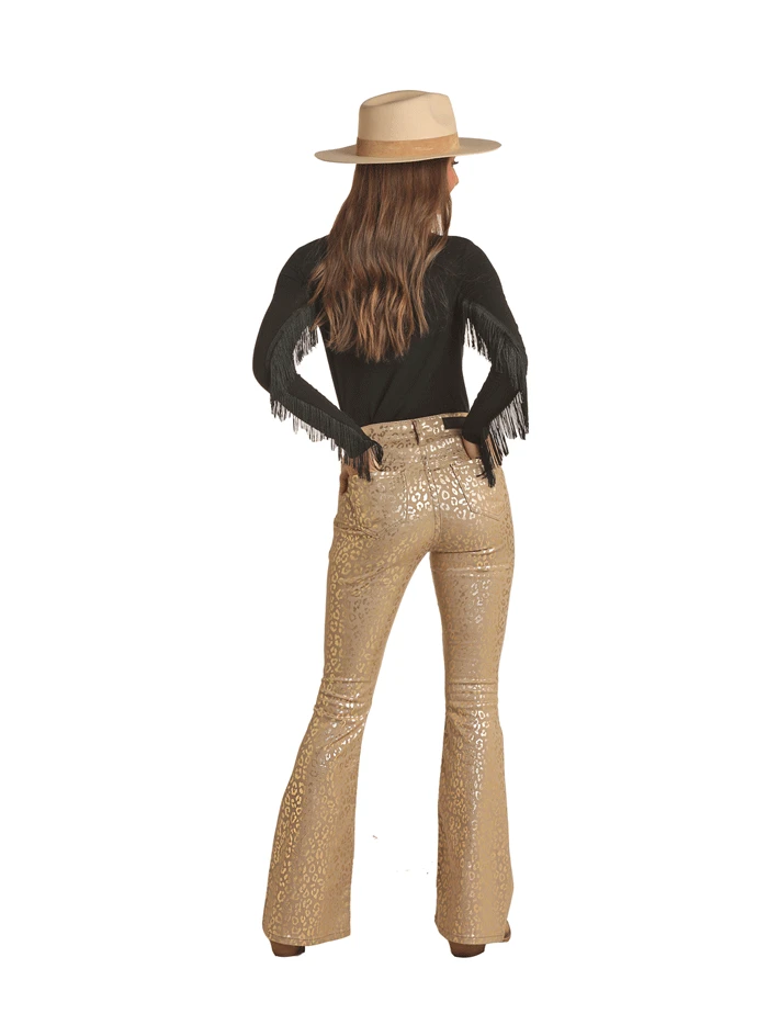 Rock & Roll Denim RRWD6HR0GV Womens High Rise Flare Pants Khaki Cheeta - Image 3