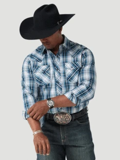 Wrangler 112317073 Mens Snap Plaid Long Sleeve Shirt Chambray Blue