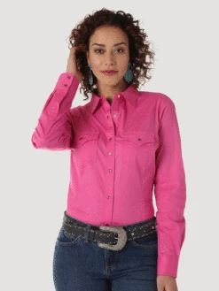 Wrangler LW1003K Ladies Western Long Sleeve Solid Shirt Pink - B