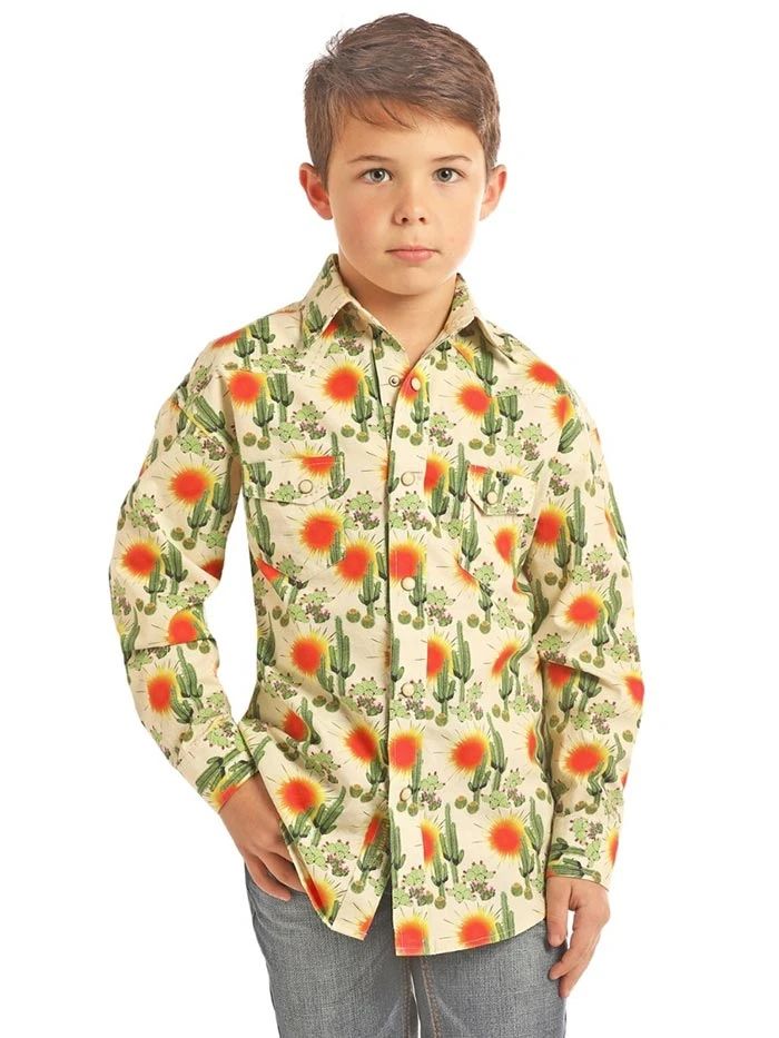 Panhandle B8S2330 Kids Cactus Print Long Sleeve Snap Shirt Mineral