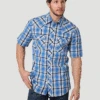 Wrangler 112314977 Mens 20X Competition Short Sleeve Plaid Shirt Blue Cloud Madras