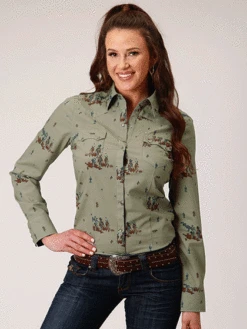 Roper 03-050-0064-0303 Womens Long Sleeve Vintage Western Print Brown