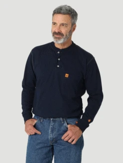 Wrangler 10FR161NV Mens Flame Resistant Long Sleeve Henley Tee Navy