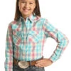 Panhandle WLGSOSR1GS Kids Long Sleeve Plaid Snap Shirt Light Turquoise
