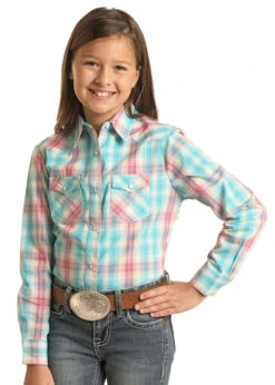 Panhandle WLGSOSR1GS Kids Long Sleeve Plaid Snap Shirt Light Turquoise