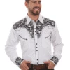 Scully P-634 Mens Floral Tooled Embroidery Western Shirt White - Black