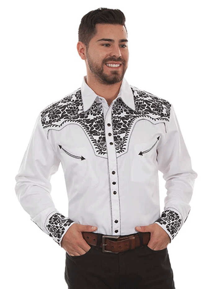 Scully P-634 Mens Floral Tooled Embroidery Western Shirt White - Black